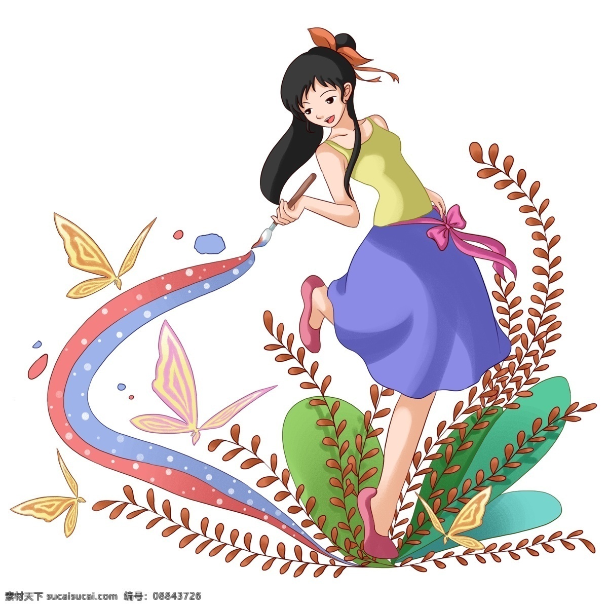 暑期 培训 绘画 女孩 画笔 植物 蝴蝶