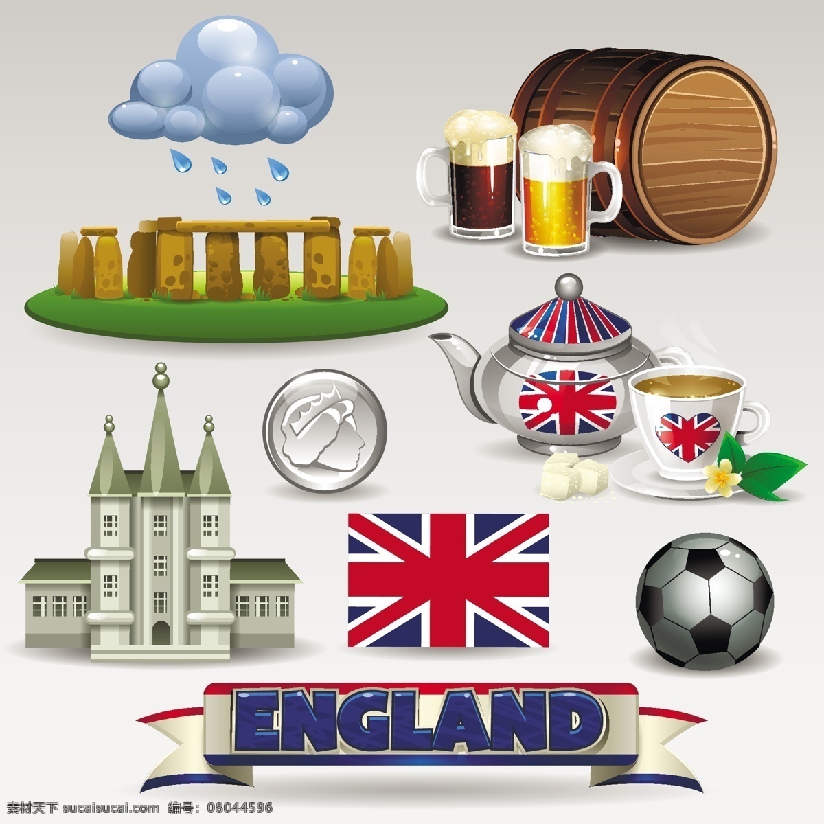 英国 元素 矢量 乌云 雨 天气 巨石阵 啤酒 啤酒桶 茶 下午茶 米字旗 足球 英镑 旅行 矢量图
