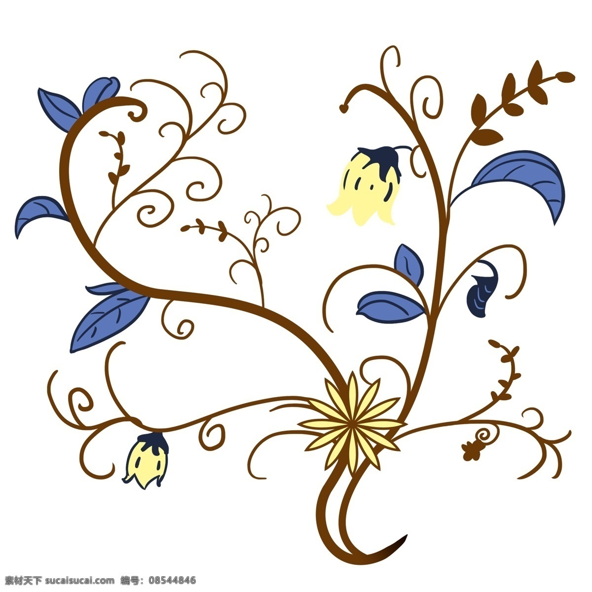 蓝色 花 藤 卡通 插画 美丽的花藤 卡通插画 花藤插画 植物插画 藤蔓插画 花藤藤条 蓝色的花藤