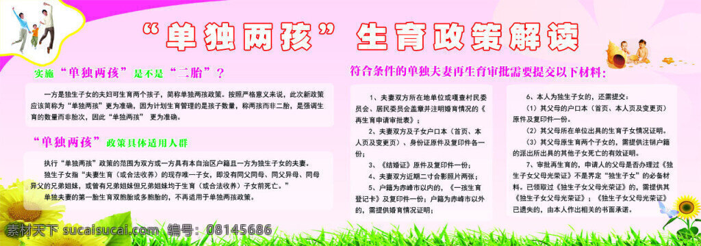 单独两孩 计划生育 政策 解读 粉色背景 展板 向日葵 绿草 蝴蝶 一家三口 二胎 白色