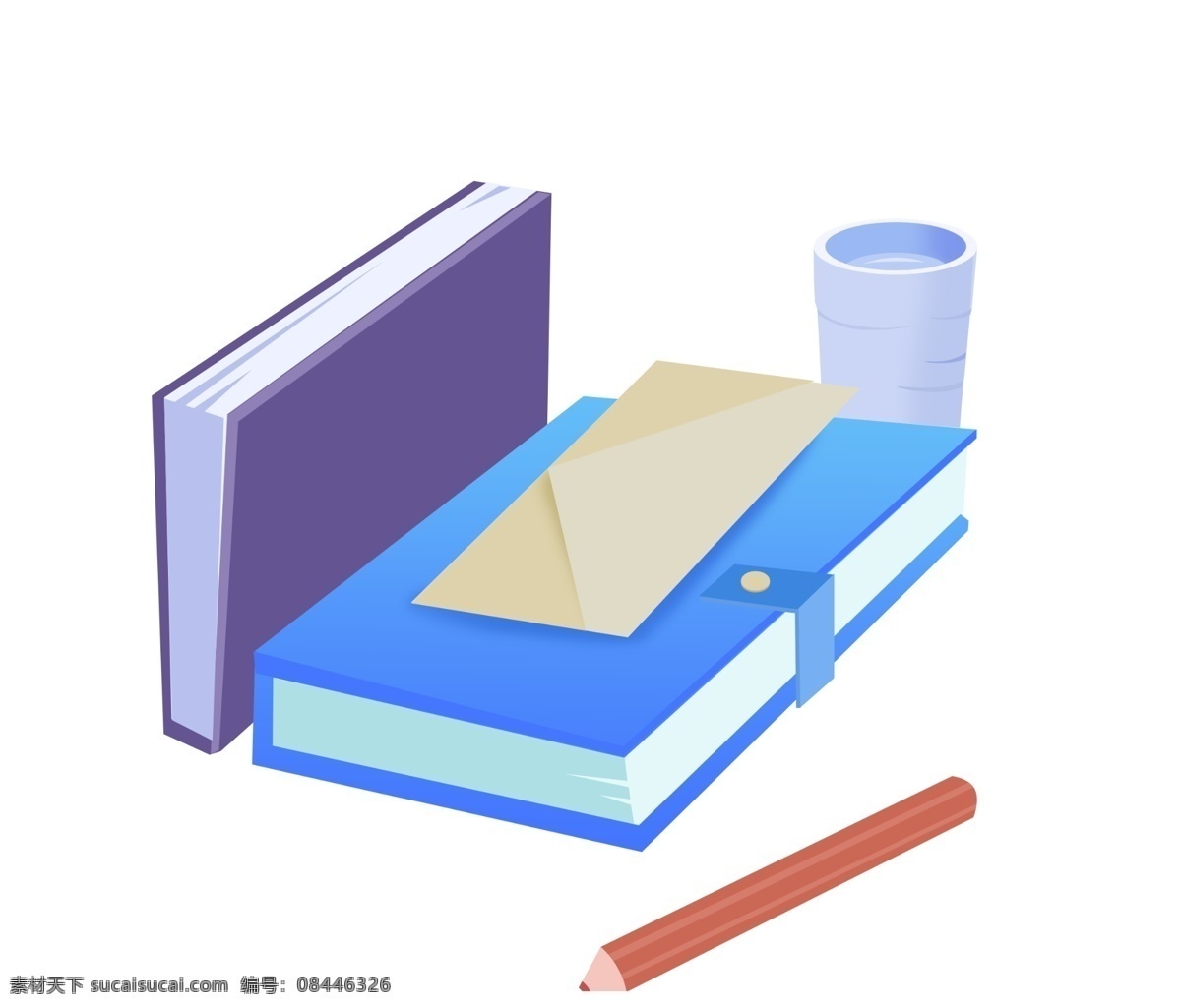 办公用品 书本 插画 蓝色的书本 卡通插画 上班用品 文员用品 工作用品 粉色的铅笔
