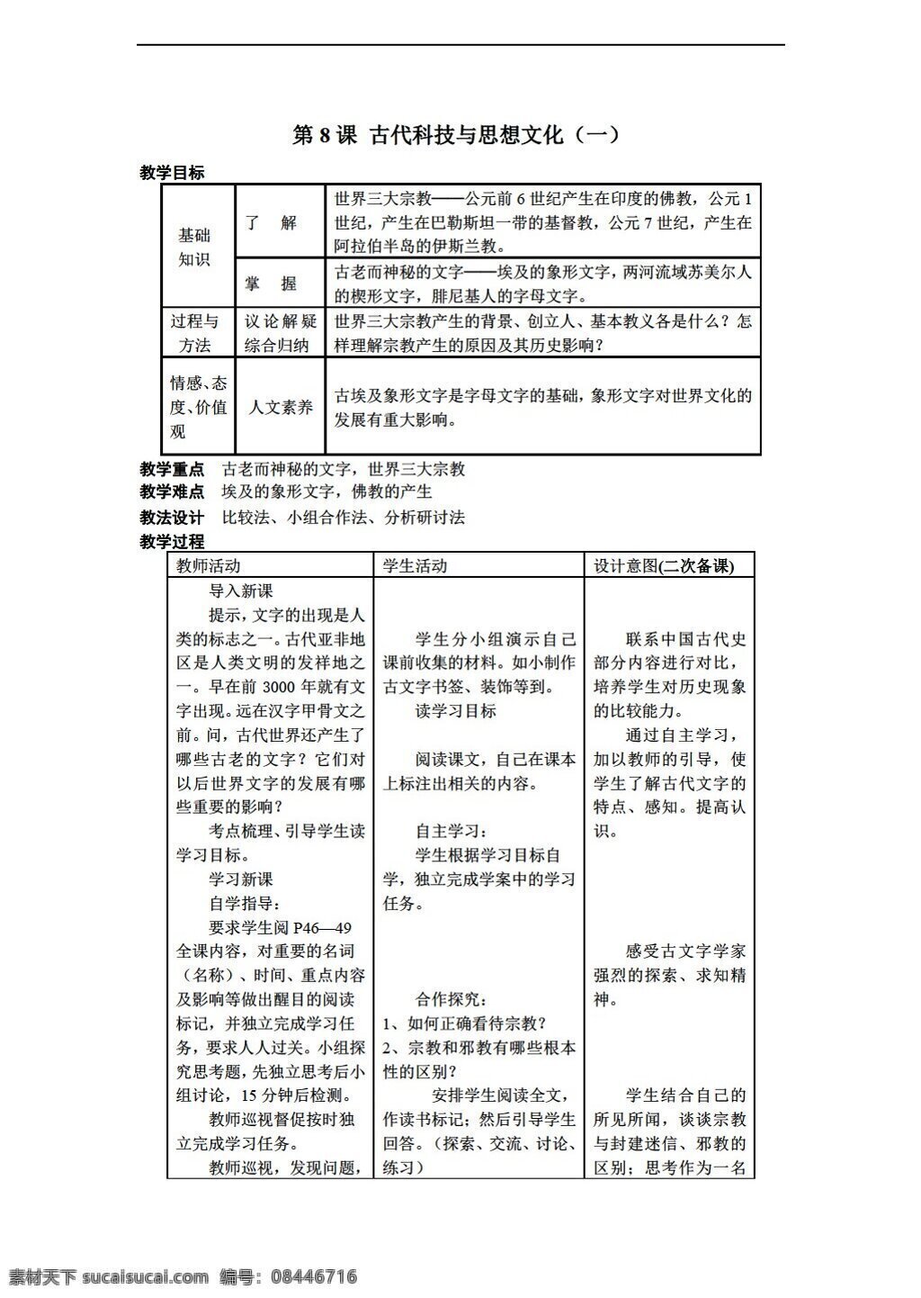 九 年级 上册 历史 课 古代科技 思想 文化 教案 表格式 人教版 九年级上册