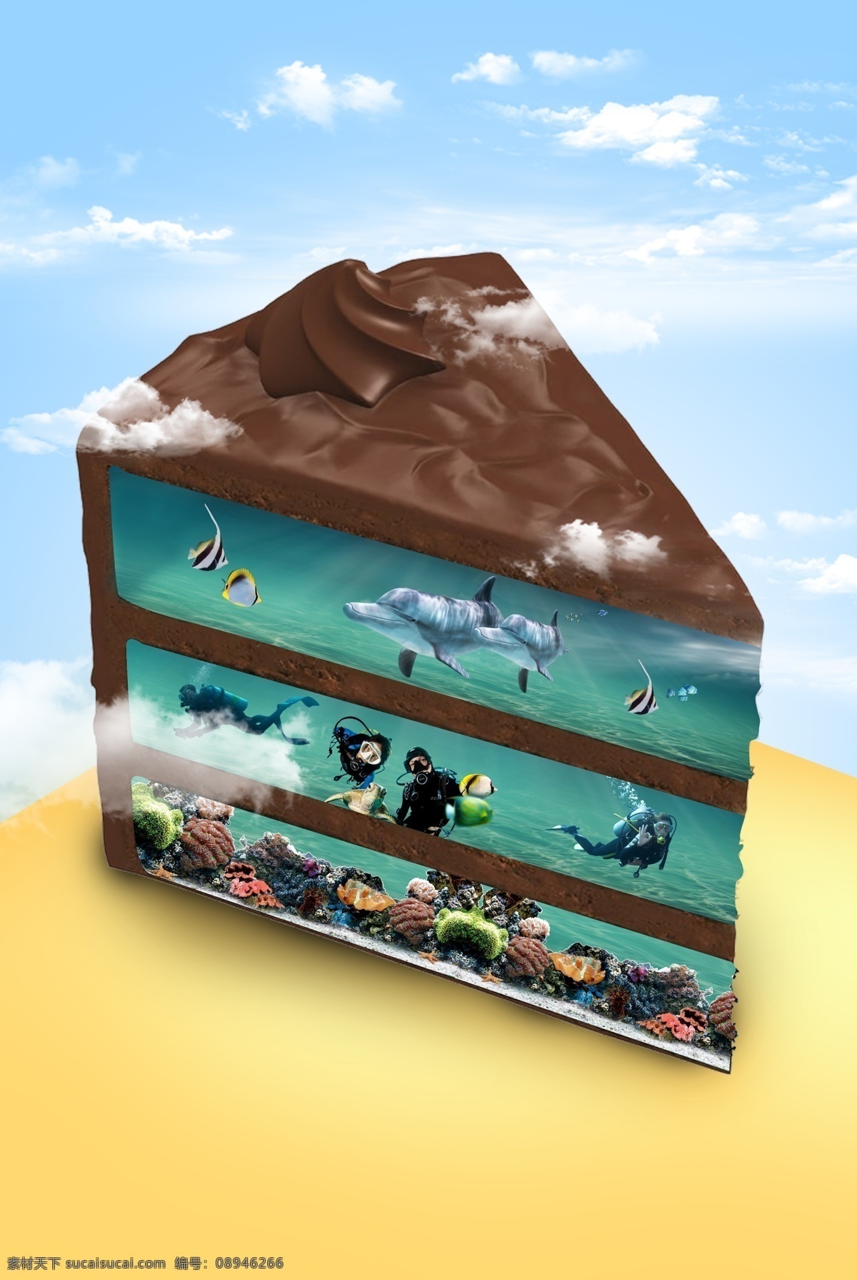 创意 蛋糕 里 海底 世界 甜点 海底世界 蓝天 背景 创意合成 海报 h5
