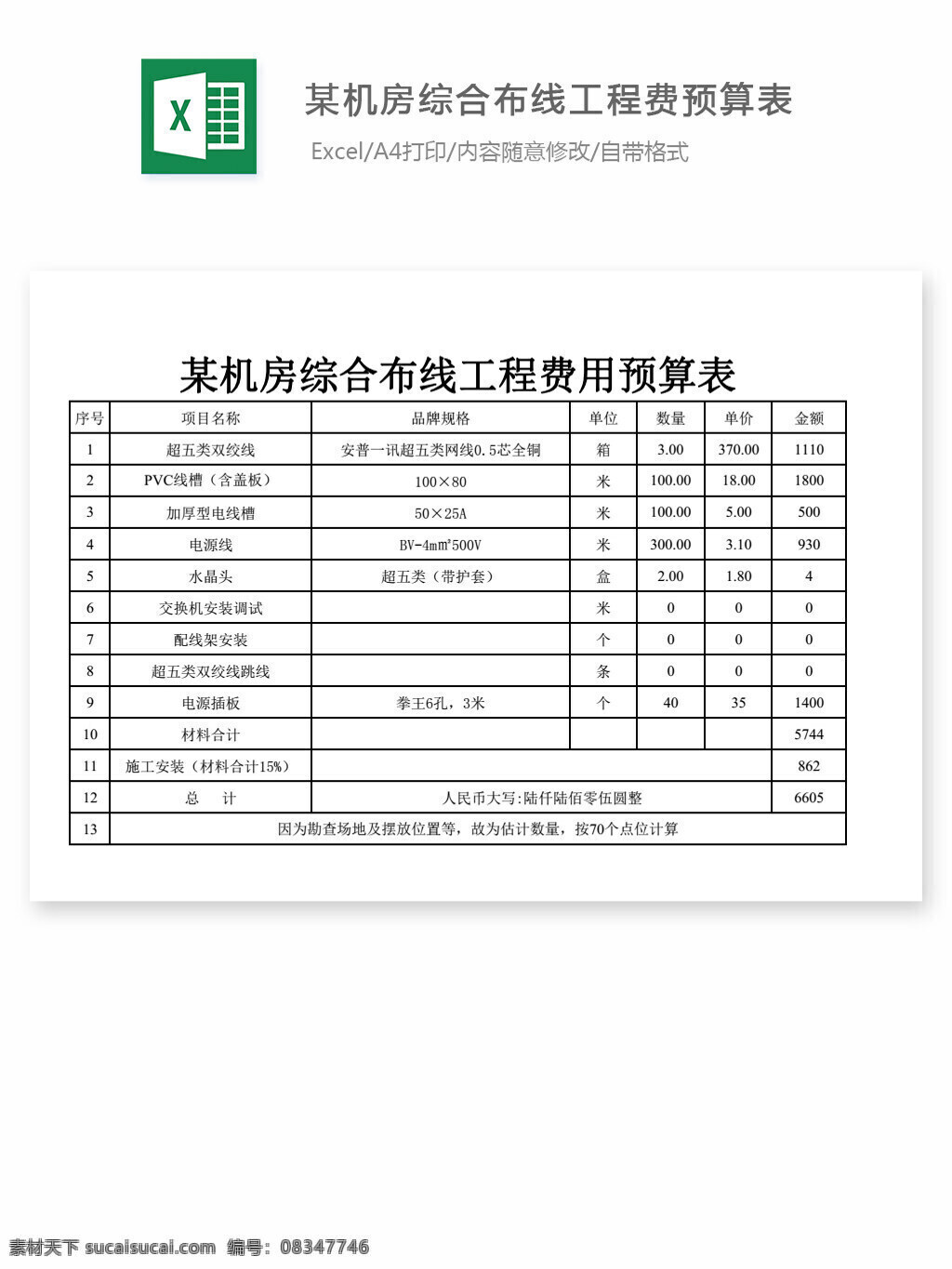 机房 综合 布线 工程费 预算表 表格 表格模板 表格设计 图表 财务 会计 预算