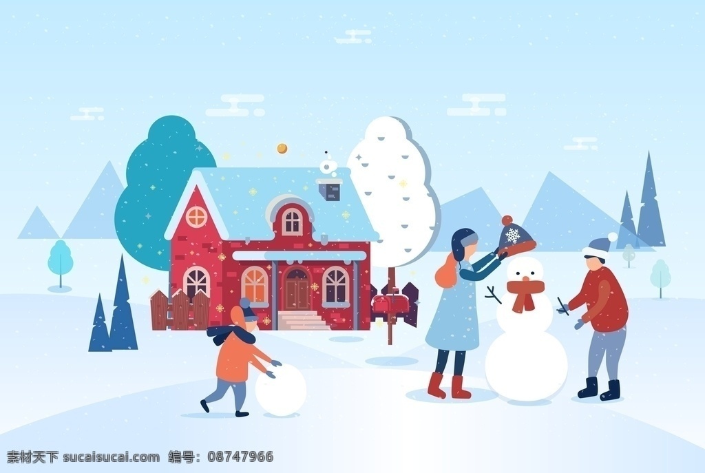 雪地 冬季 玩耍 儿童 男孩 情侣 创意 女孩 树木 堆雪人 滑冰 矢量图 卡通人物 动漫动画