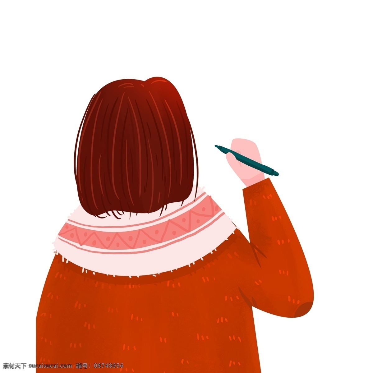 手绘 铅笔 女 学生 人物 插画 背影 写字 女生