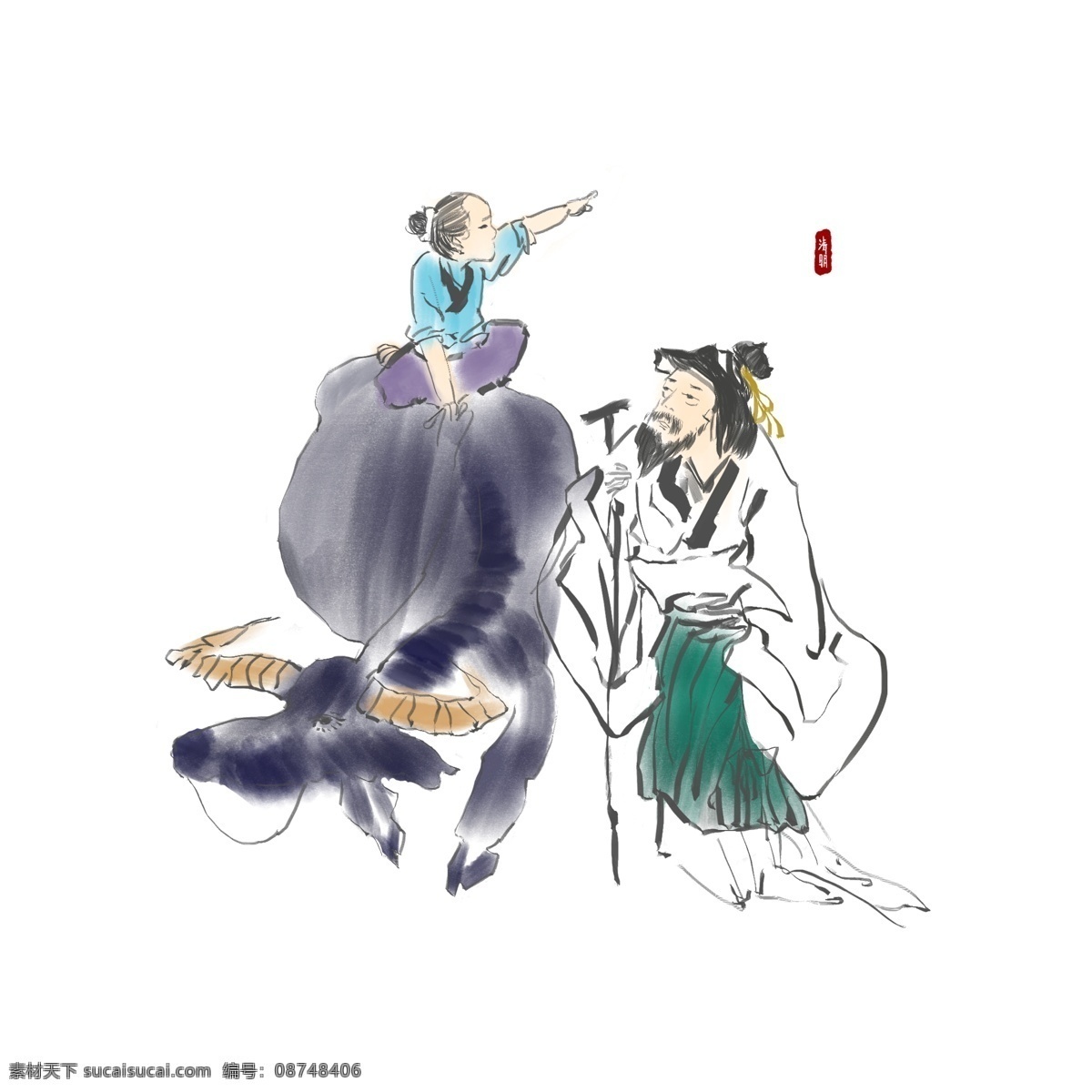 清明节 牧童 水牛 中国 风 水墨画 写意 老翁 问路 牧童水牛 中国风 牧童骑牛指路 老翁问路 免抠png