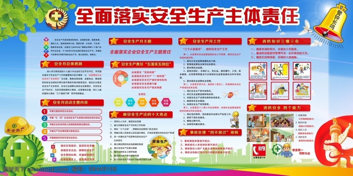 安全生产 宣传栏 生产知识 素质 文化 观念 全面落实 安全 生产 企业 模板 展板 警钟长鸣 安全帽 安全月 安全标语 华表 蓝色背景 树叶 安全示志 宣传橱窗 文化栏 文化建设 安全宣传 红绸 消防知识 三懂三会 四个能力 五落实 五到位 安全生产法