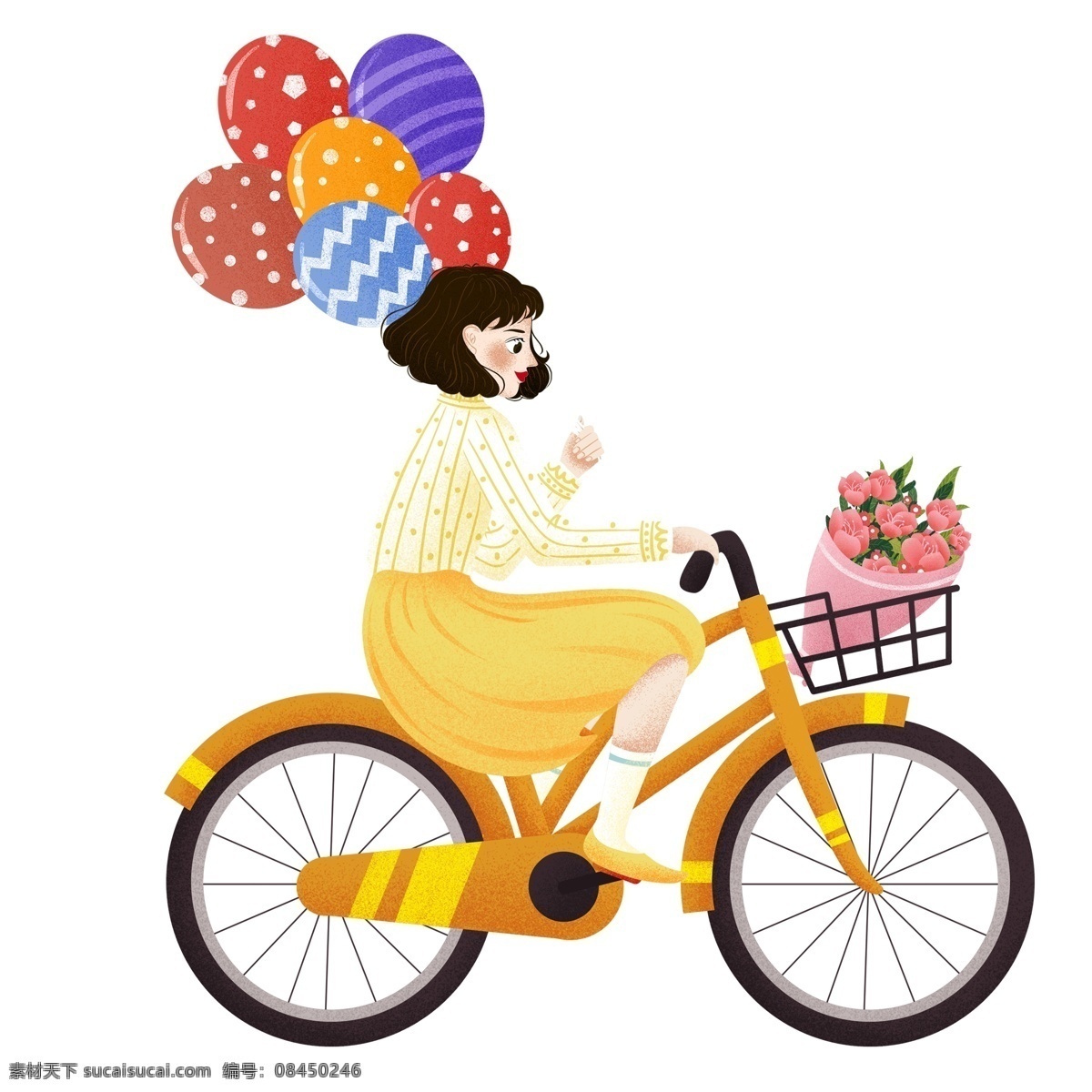 清新 绿色 出行 骑 自行车 出门 女孩 卡通 绿色出行 骑自行车 气球 鲜花 旅行 春游 人物 插画