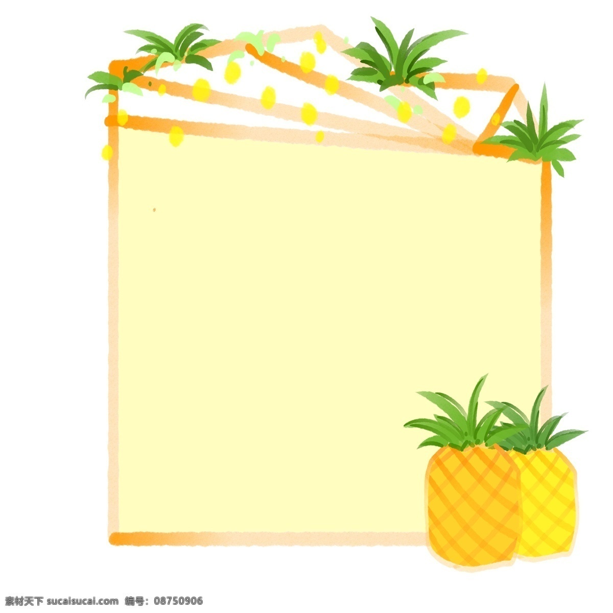 黄色 菠萝 边框 插画 水果边框 黄色装饰边框 卡通边框 边框插图 黄色菠萝边框 绿色玻璃叶 水果小框