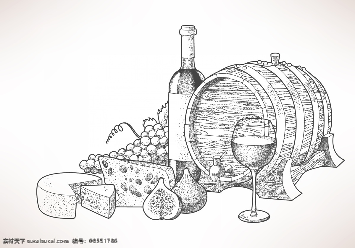 手绘 美味 葡萄酒 插画 木桶 水果 无花果 奶酪 葡萄