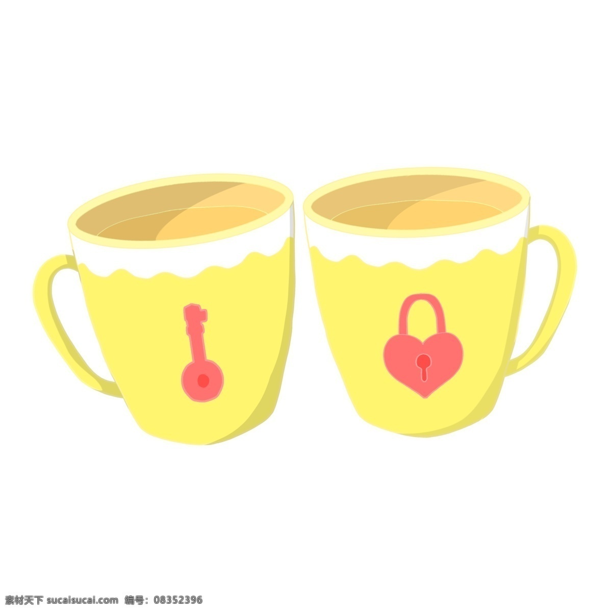 情人节 黄色 情侣 杯 手绘情侣杯 卡通情侣杯 小 物 插画 漂亮的情侣杯 黄色的情侣杯 钥匙情侣杯