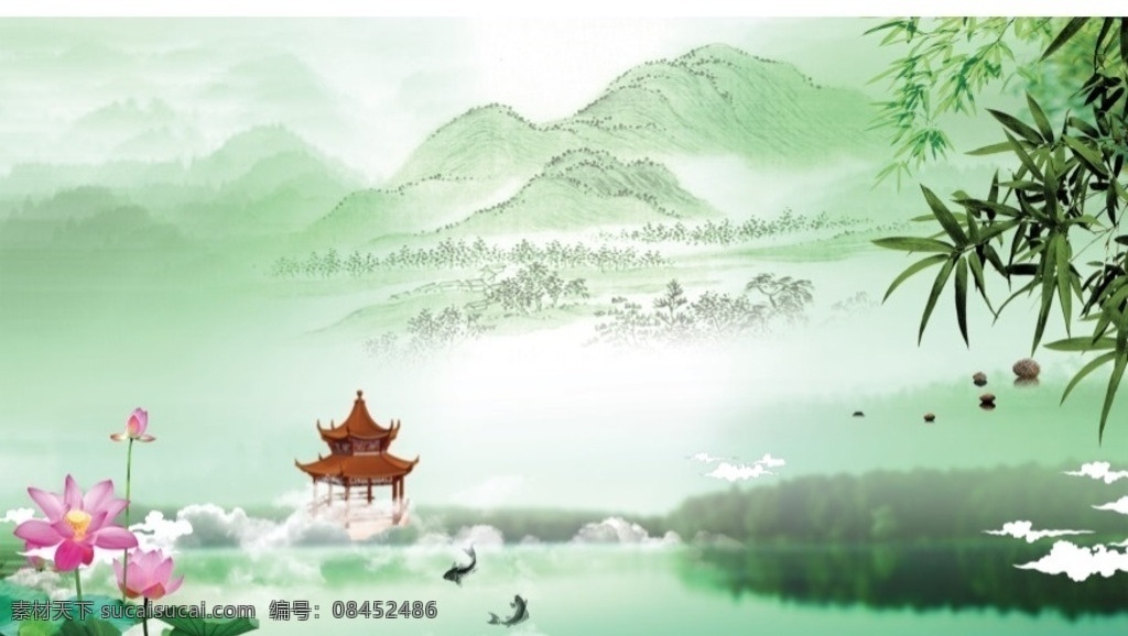 中国风水墨画 白色 茶花 古画 青山绿水 山水画 亭子 竹叶 仙境 鲤鱼戏水 文化艺术 传统文化