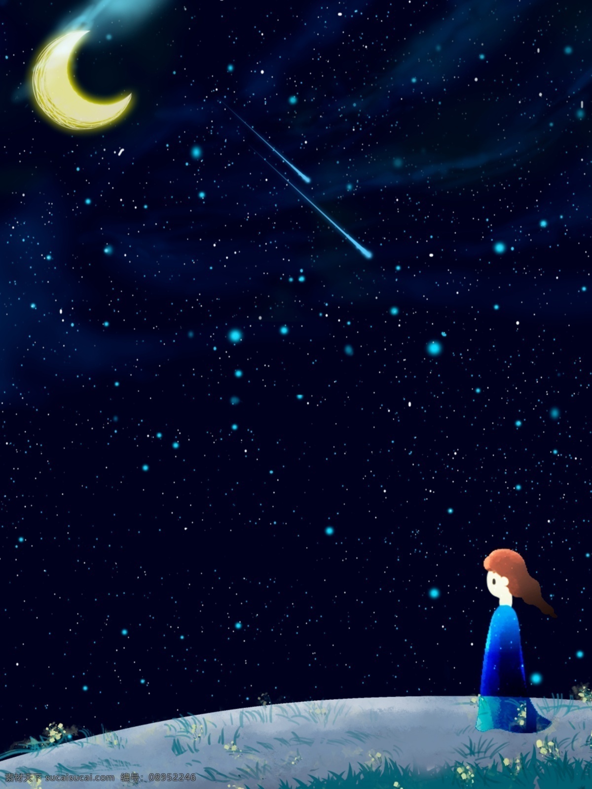 星空 夜晚 月亮 女孩 背景 月球 小女孩 花草 蓝色