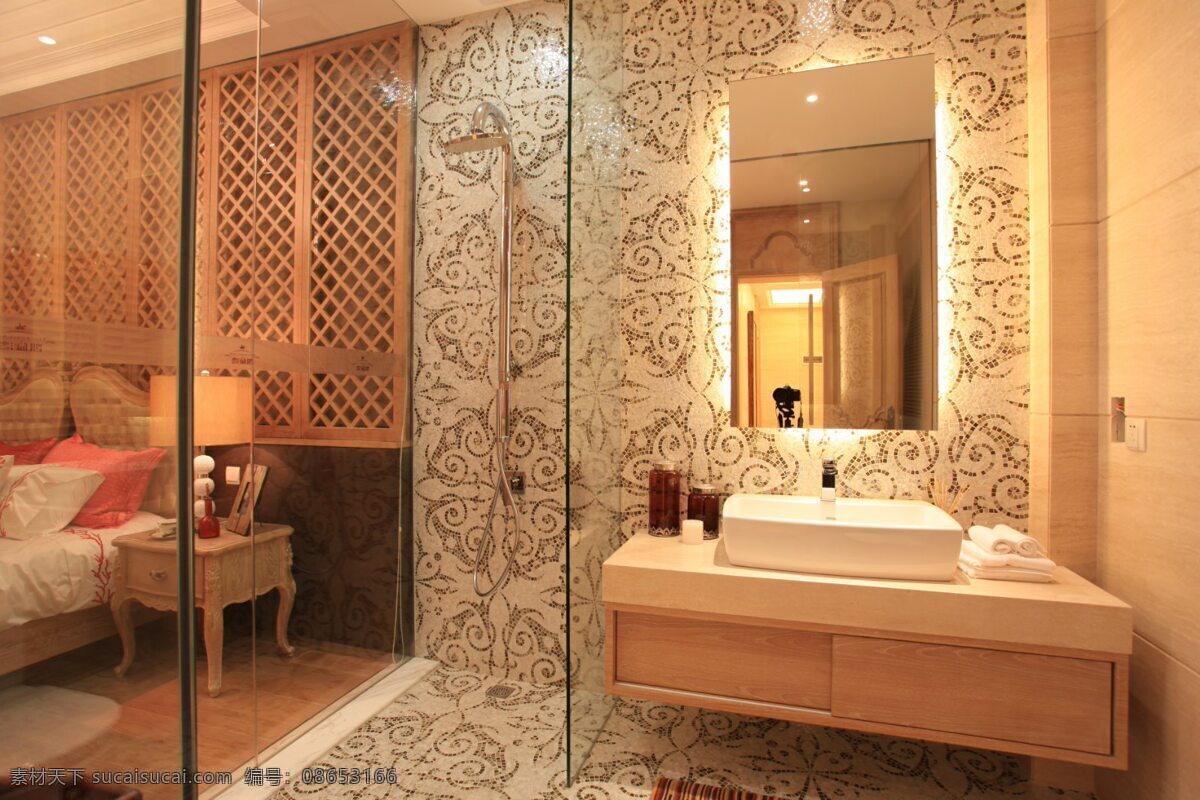 简约 卫生间 浴缸 装修 效果图 白色射灯 方形吊顶 灰色地板砖 镜子 洗手盆