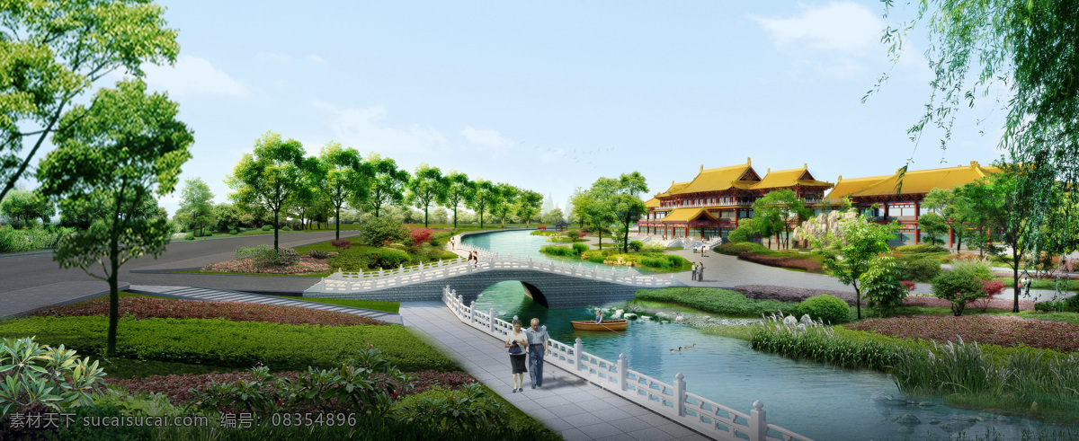 湖心桥 风景 风景设计 环境设计 景观效果图 蓝色 浅色 树 公园湖 中国风 小楼 燕 水 优雅 双人 游玩 景观设计. 家居装饰素材 园林景观设计