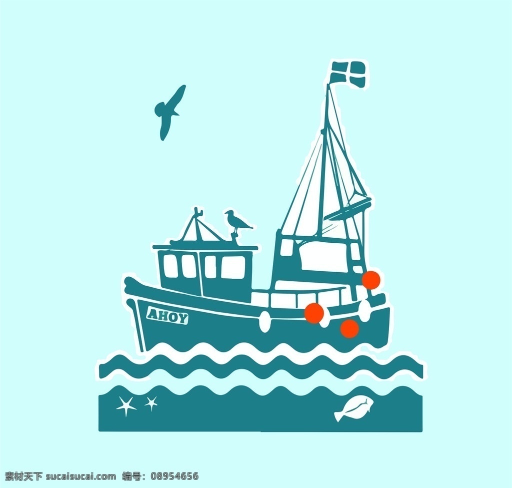 航海船 海浪 海鸥 船 双色 文化艺术