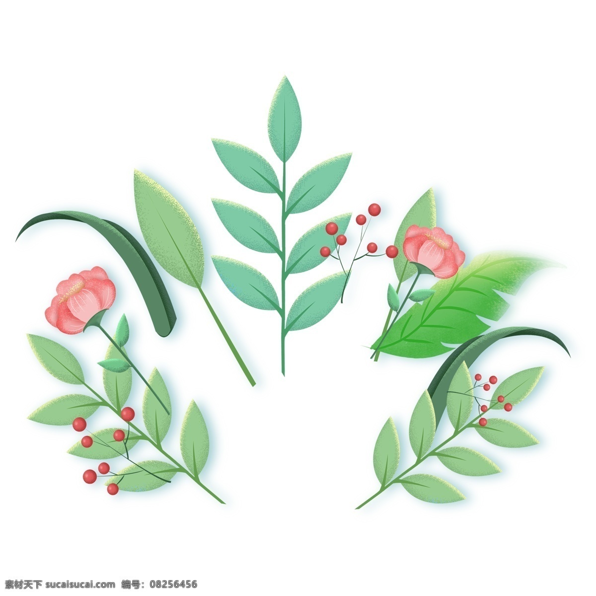 手绘 绿色植物 花朵 元素 粉色花朵 元素设计 装饰图案 彩色元素 卡通元素 可爱元素