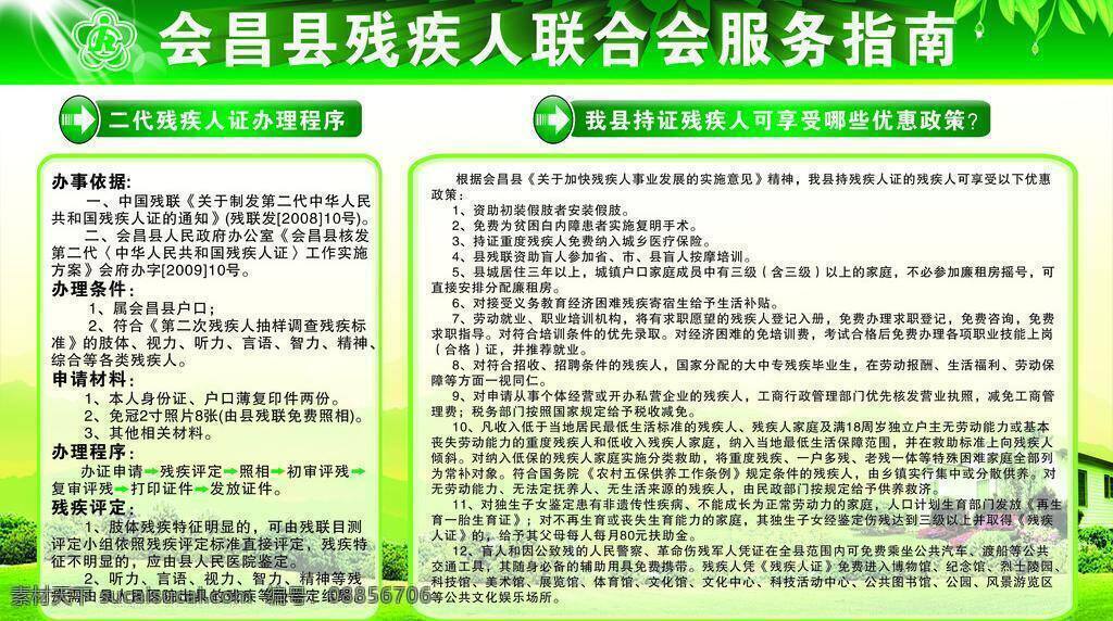 残联标志 服务指南 宣传栏模板 展板模板 展板设计 残疾人 残疾人联合会 二代 证 程序 优惠政策 绿页 矢量 其他展板设计