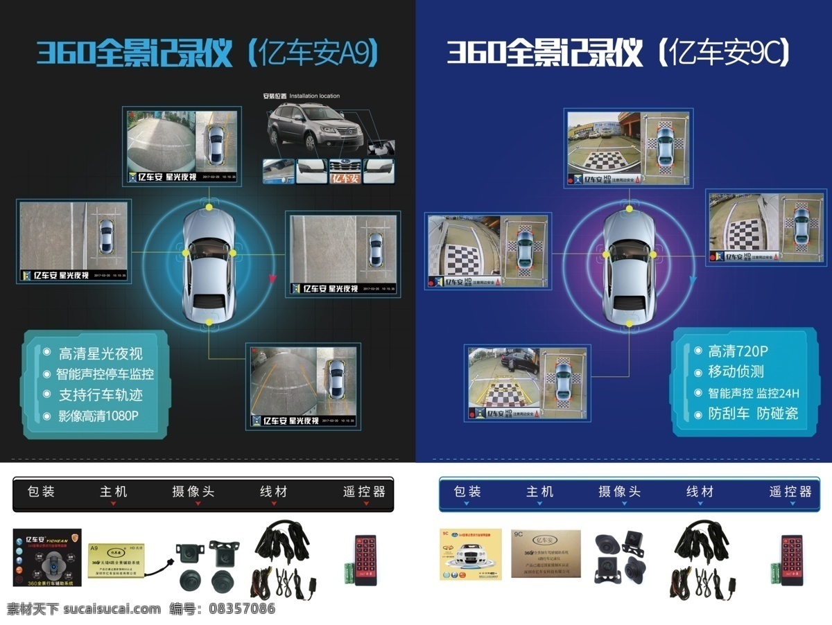 汽车记录仪 360全景 行车记录仪 汽车后视镜 汽车导航海报 亿车安 大屏安卓 手机互联 远程监控 x汽配类
