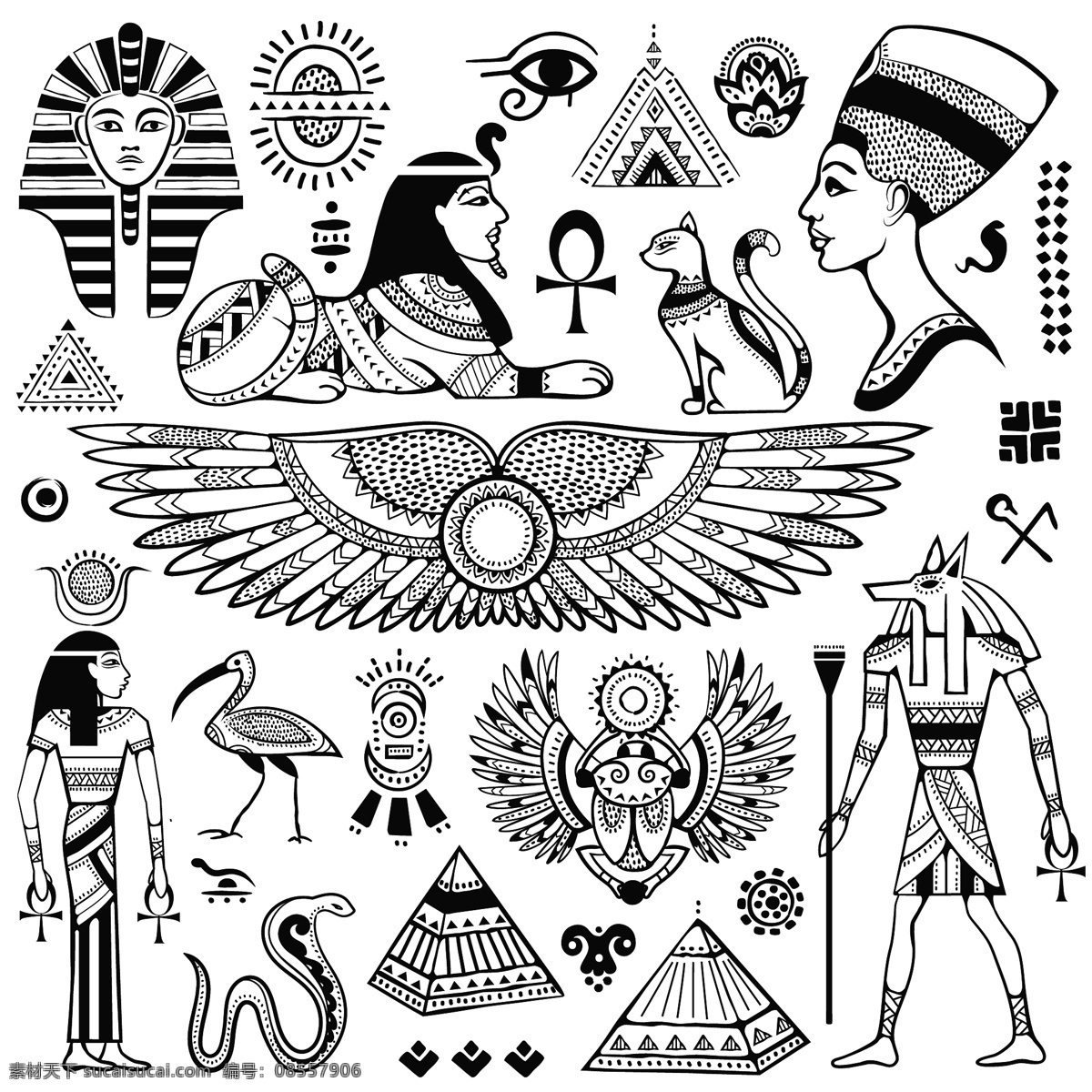 古埃及文化 埃及文化元素 矢量素材 文化特色 扁平化图标 金字塔 狮身人面像 法老 文化艺术 传统文化 白色