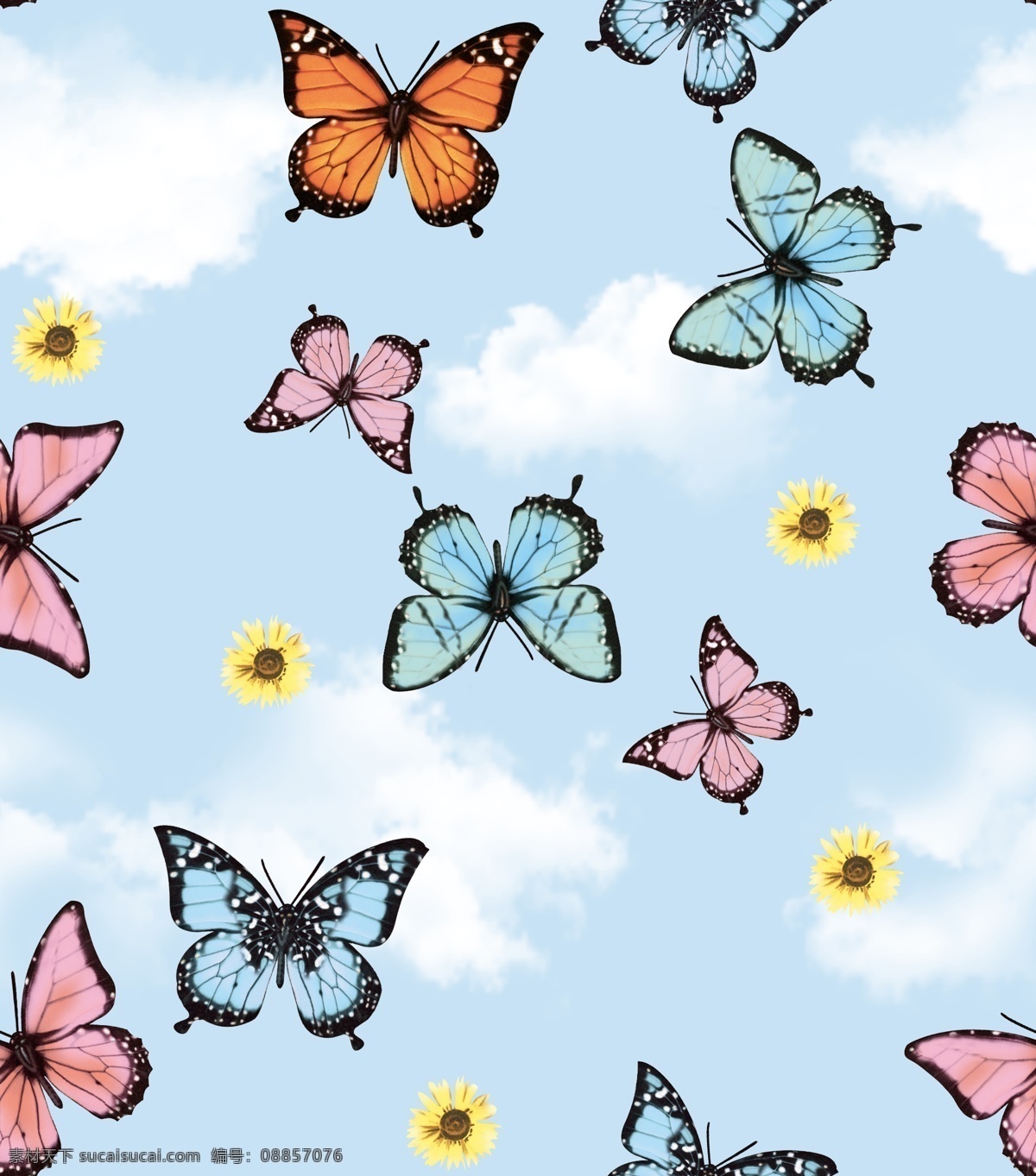 蝴蝶 花朵 数码印花 小花 矢量图 手绘 高清 分层 向日葵 白云 云朵
