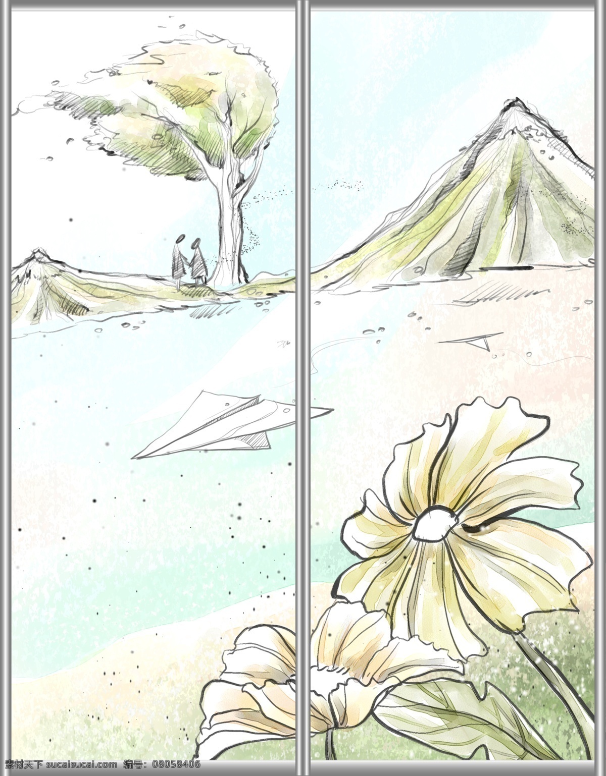 插画 大树 飞机 风景 广告设计模板 花朵 花卉 山峰 移门图案 移门汇 移门 移门图 手绘 树叶 纸飞机 源文件 家居装饰素材