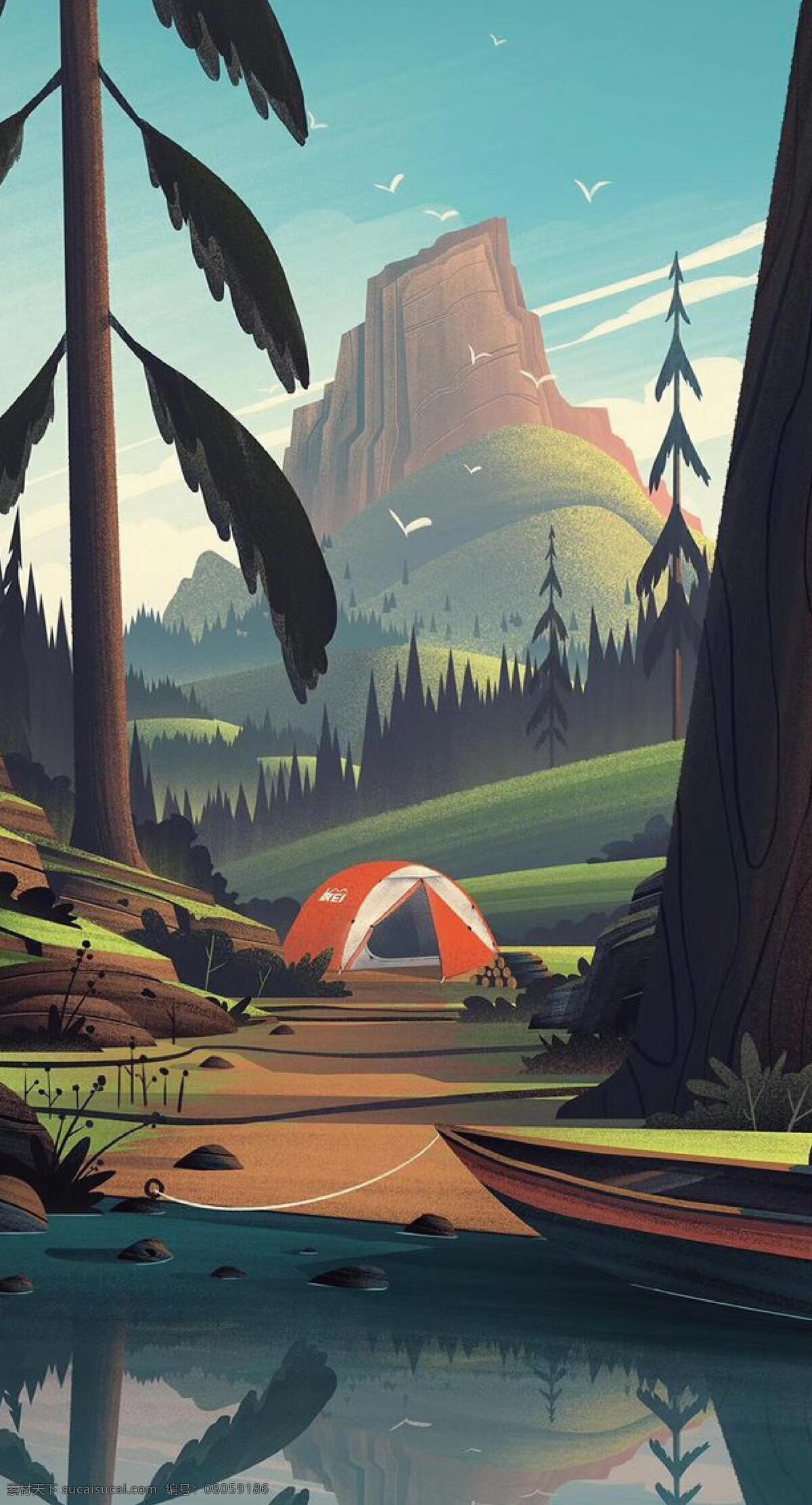 野外生活 树木 湖泊 帐篷 船 插画 动漫动画 风景漫画