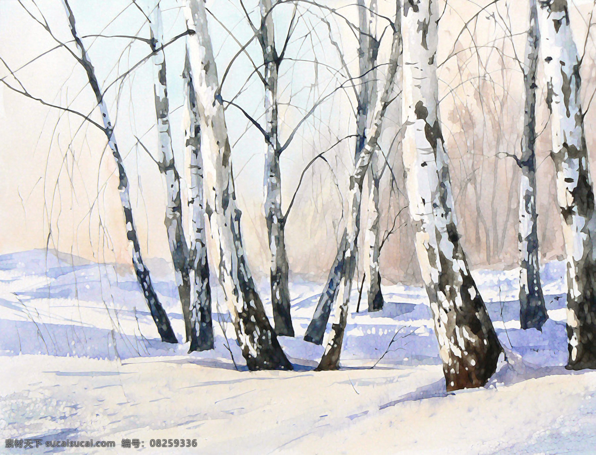 水彩画 水彩 版画 壁画 装饰画 淡彩 彩色 树林 雪地 雪景 雪 文化艺术 绘画书法