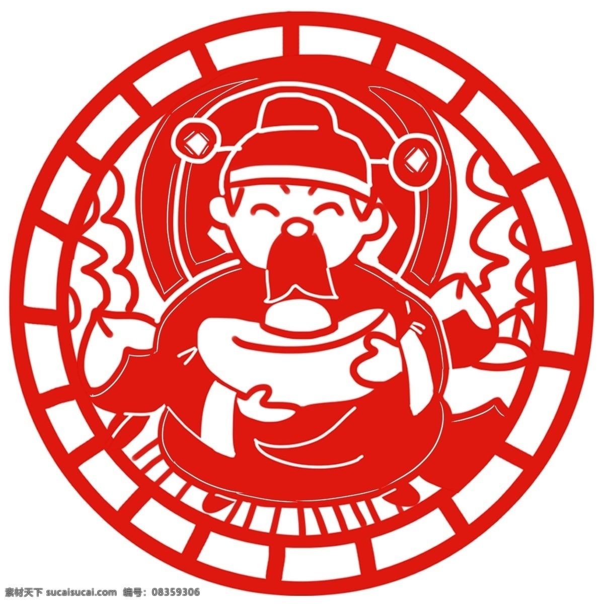 剪纸 财神 手绘 卡通 人物 装饰 节日 清新 彩色 平面设计 原创 透明底 免抠 海报装饰 通用 新年2019 农历新年