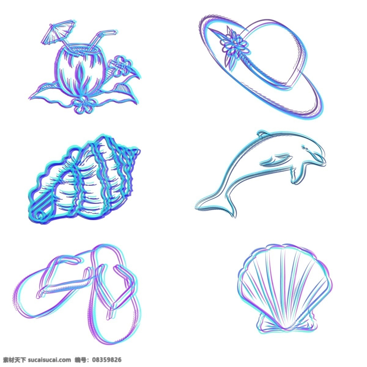 夏日 海滩 用品 故障 艺术 矢量图 夏天 沙滩 装饰品 椰子 帽子 拖鞋 贝壳 海豚 享受 抖音感 小清新