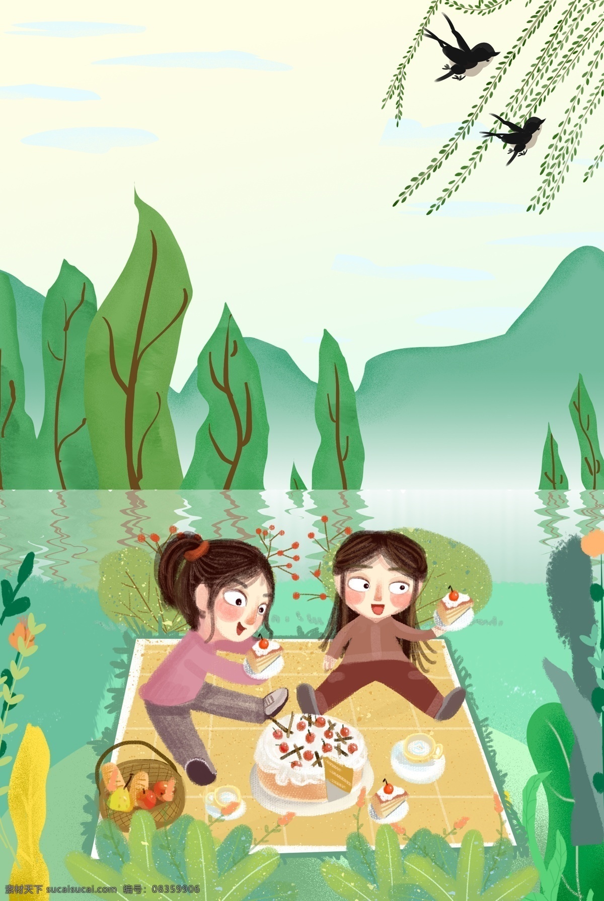 立春 春游 露营 背景 郊游 春天 卡通人物 插画 聚餐 柳树 燕子 湖