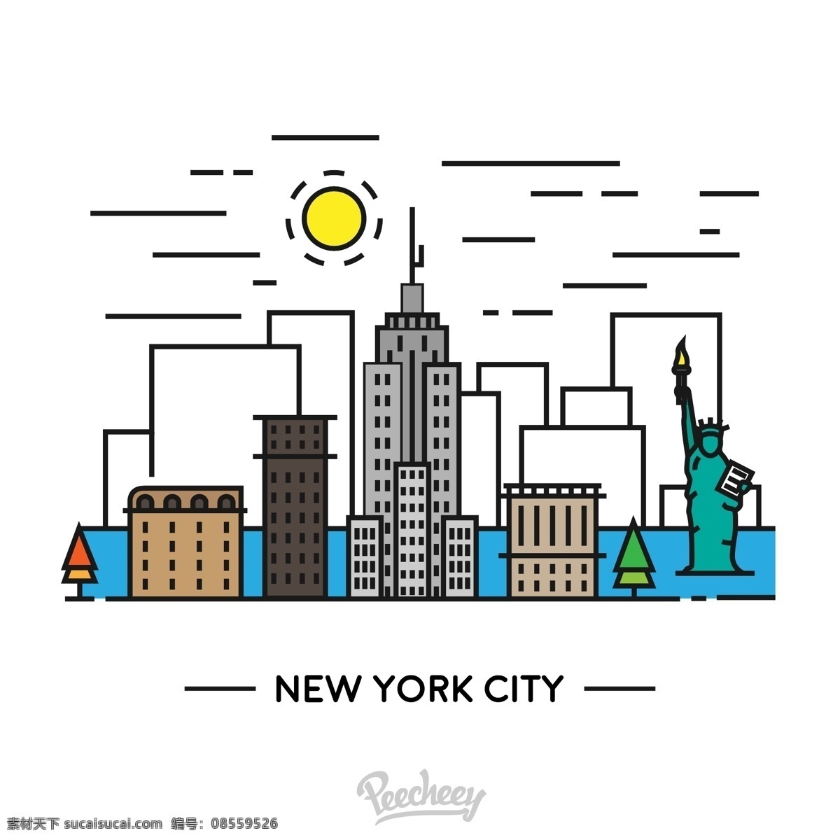 纽约天际线 城市 太阳 高楼 白色