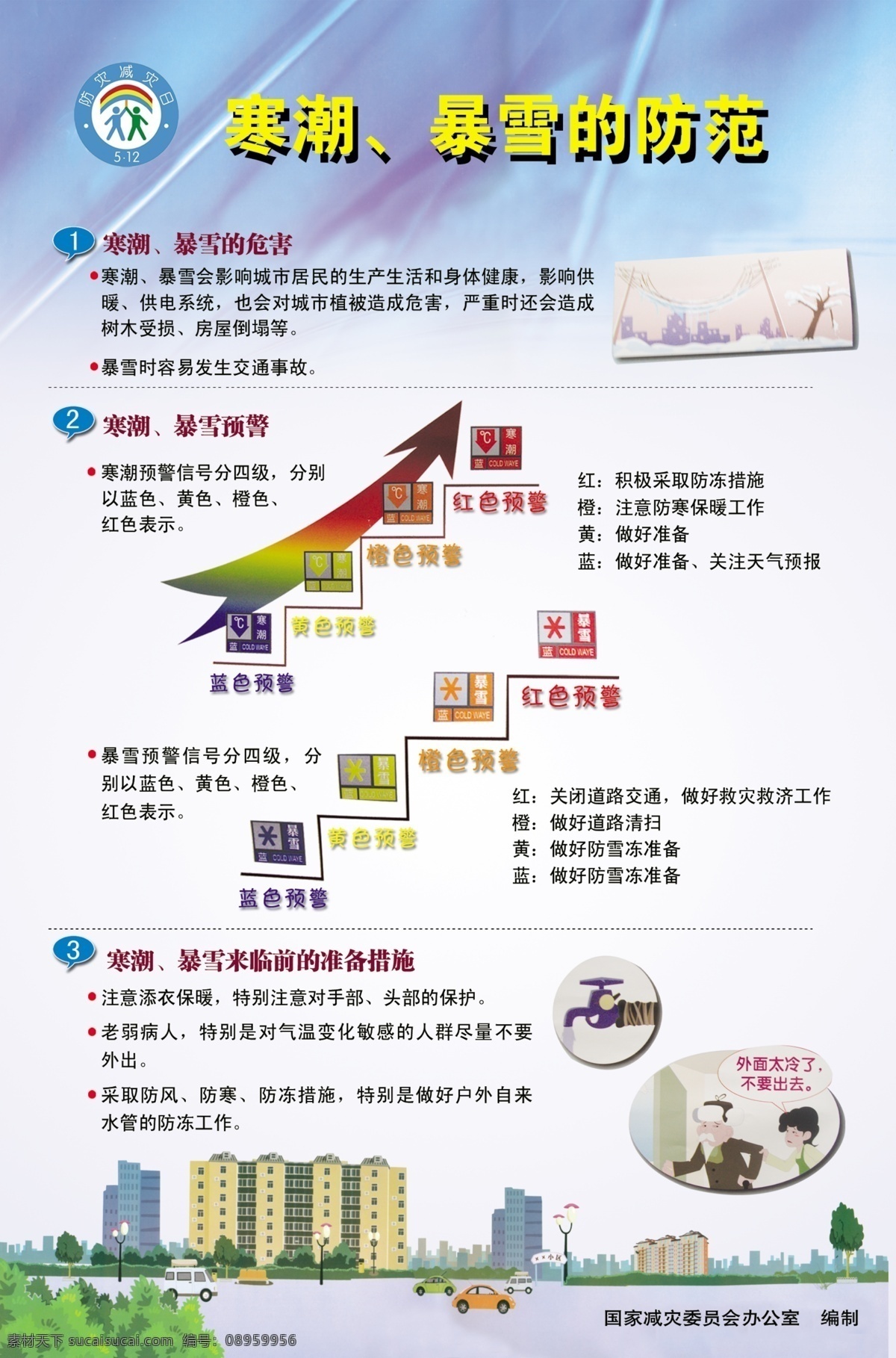 寒潮暴雨展板 危害 预警 准备措施 红色预警 黄色预警 橙色预警 展板模板 广告设计模板 源文件