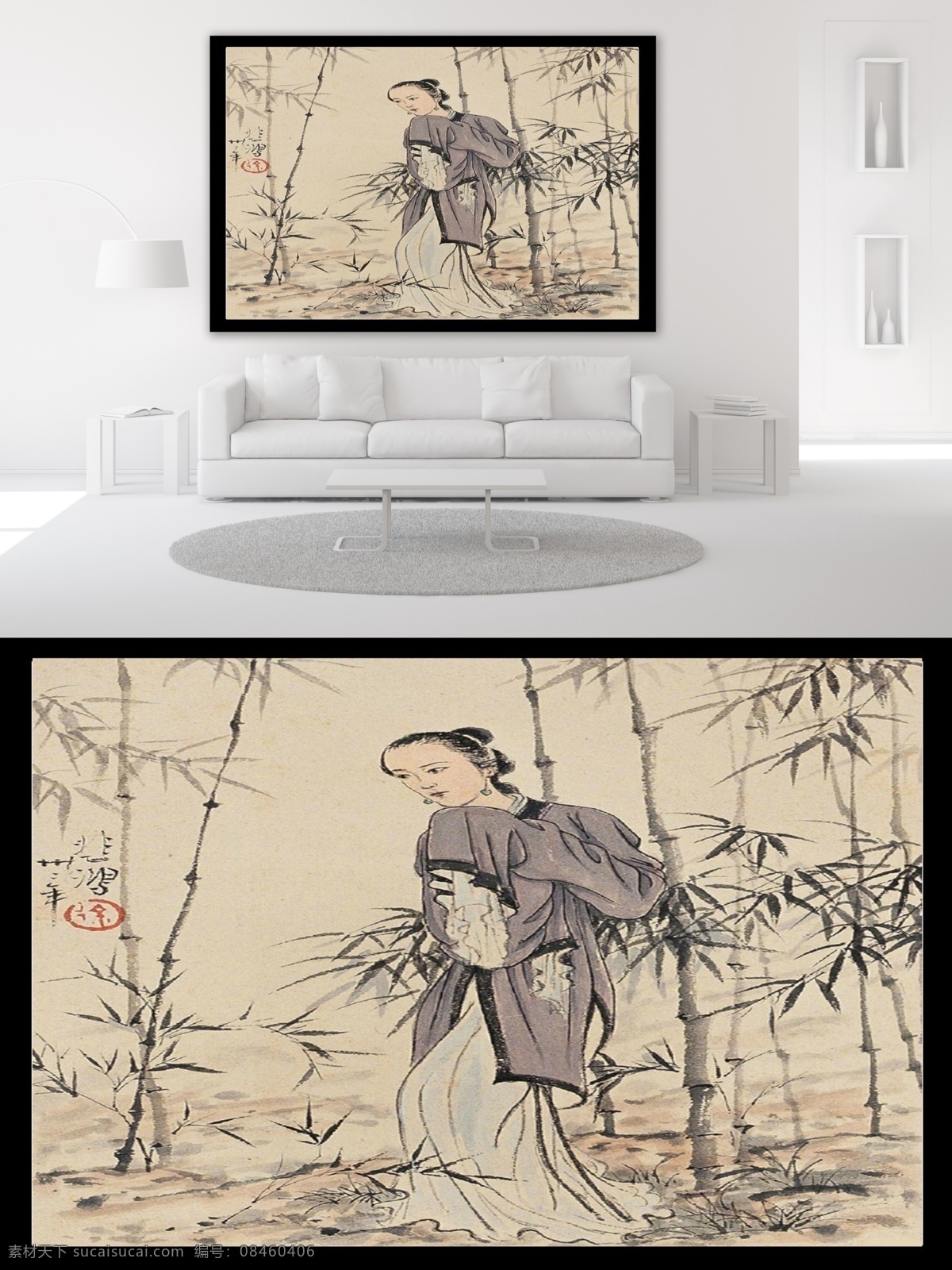 水墨画装饰画 手绘 装饰画 油画 意境 干净 唯美 舒服 动感 女子 竹林