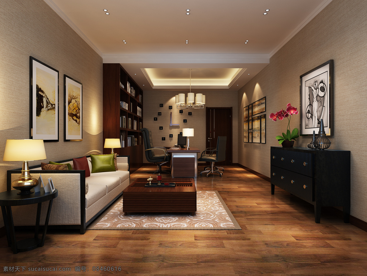 现代 温婉 粉红 花纹 地毯 客厅 室内装修 效果图 木制地板 深色柜子 木茶几 浅色沙发 台灯