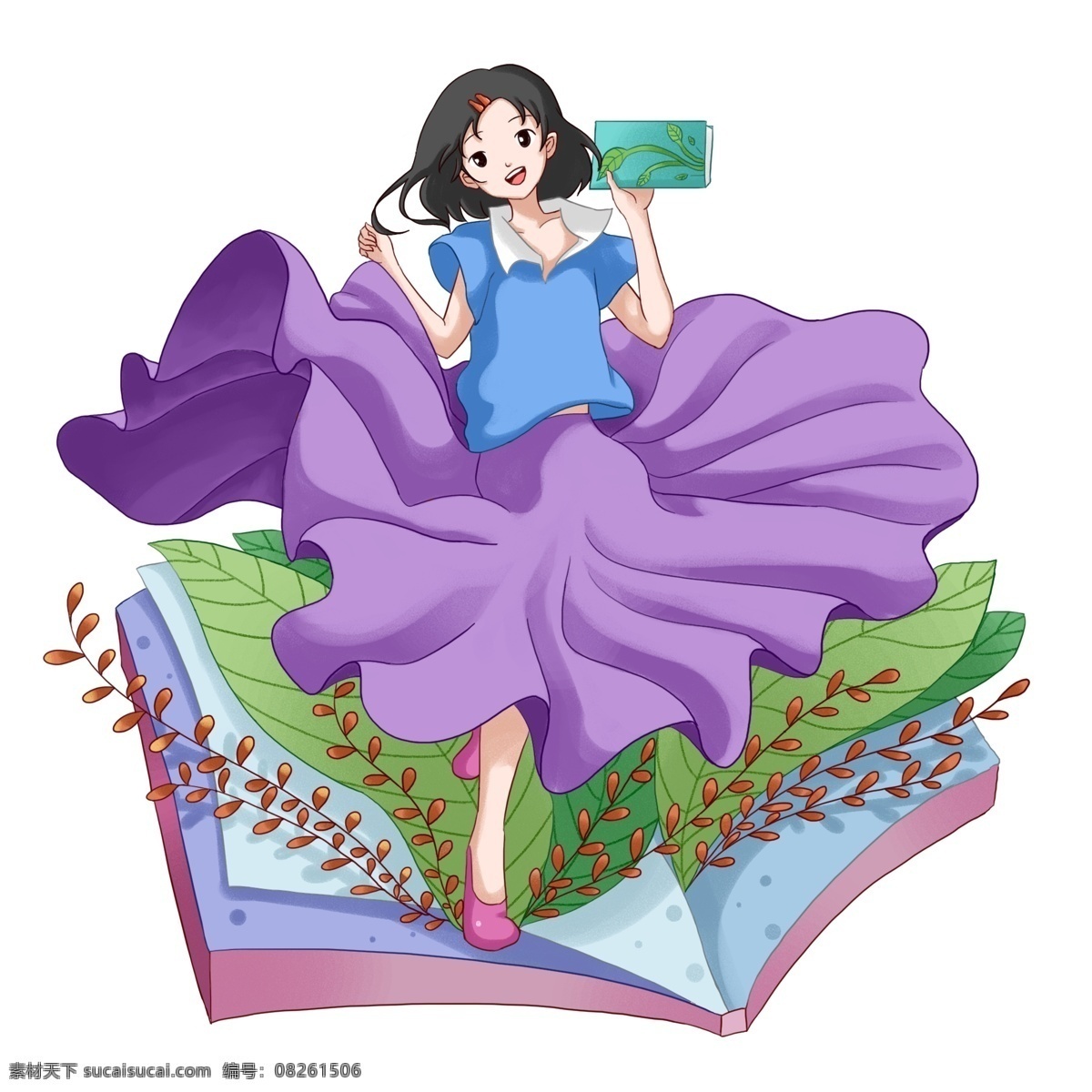 暑期培训女孩 书本 绿叶 学习
