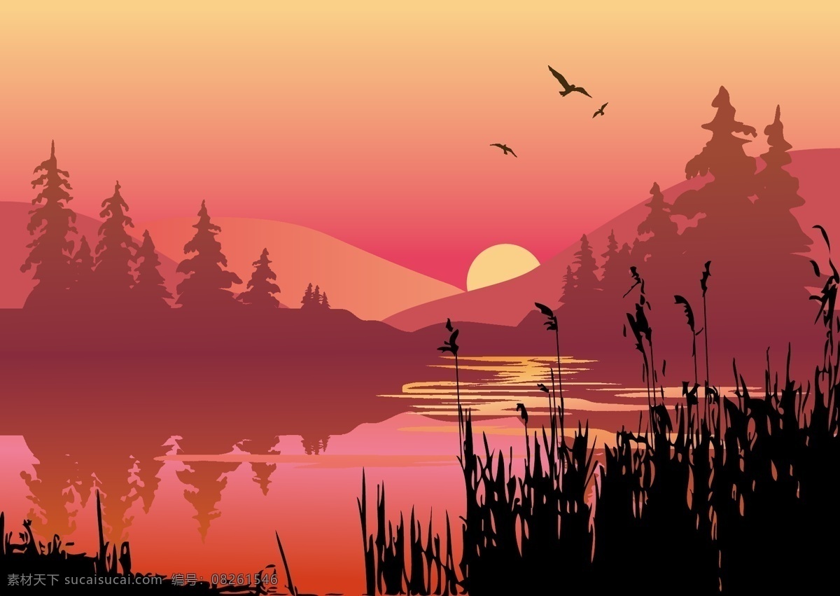 夕阳风景 太阳下山风景 矢量风景 卡通风景 风景背景 红色天空插画 风景插画 逆光风景插画 湖面 湖水 花草剪影 矢量飞行小鸟 飞翔小鸟剪影 卡通风景背景 自然景观 自然风光