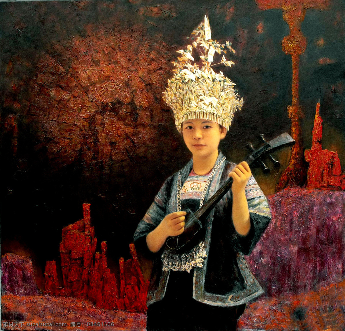 弹琴 少数民族 美女 油画 肖像 人物肖像画 东方女性 写生 人物油画写生 油画艺术 绘画艺术 装饰画 书画文字 文化艺术