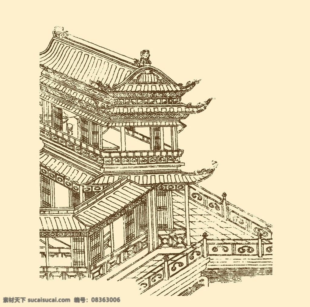 芥子园画谱 楼阁 山水 国画 中国画 水墨画 写意画 建筑 古建筑 亭台楼阁 斗拱 分层 源文件