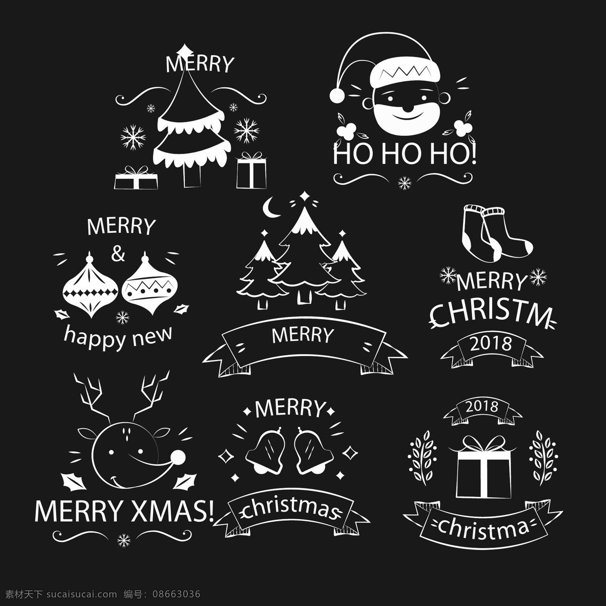 白色 创意 图案 圣诞 标签 圣诞树 圣诞老人 礼物 圣诞节 圣诞袜 驯鹿 铃铛