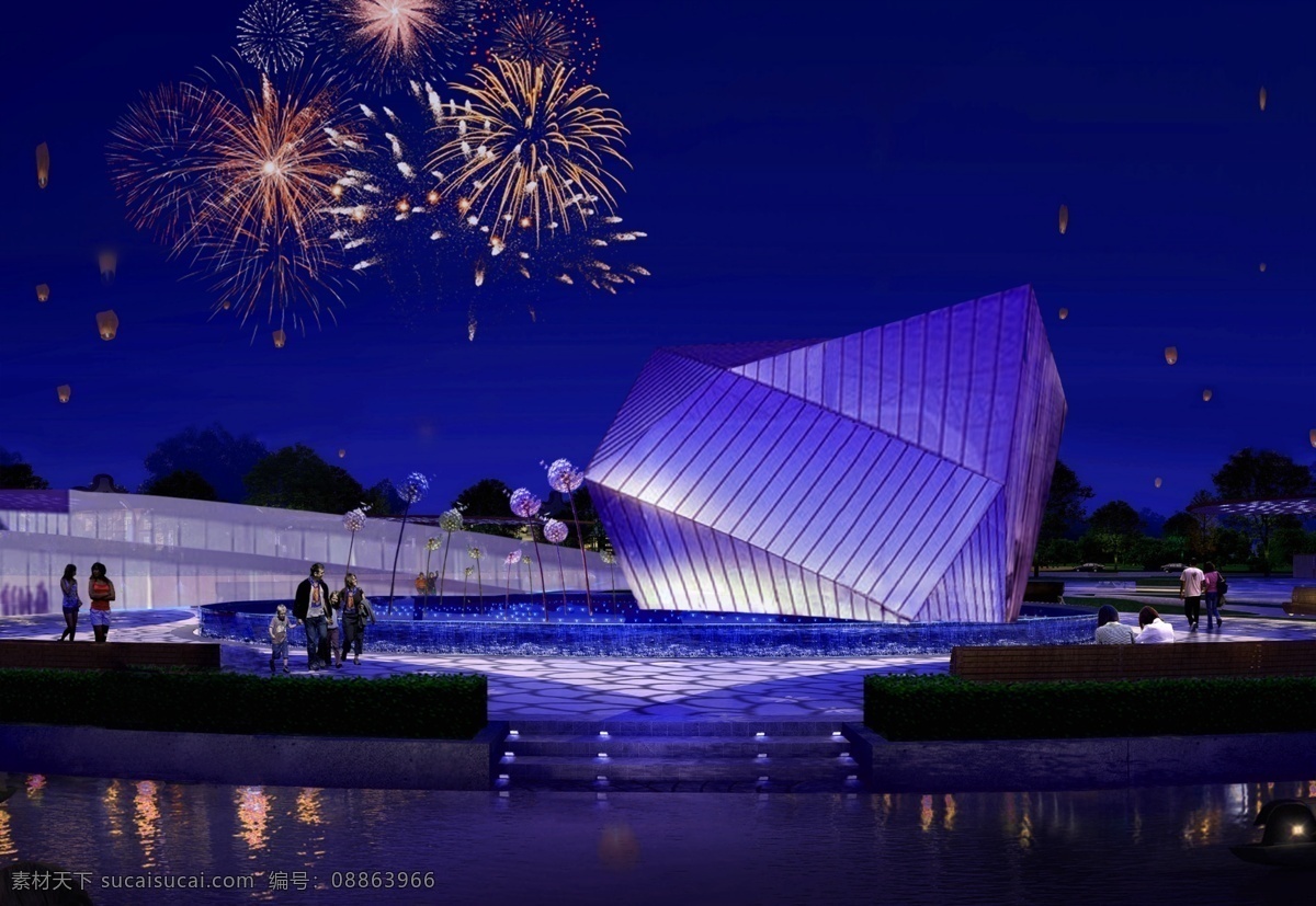 商业建筑 夜景 效果图 商业 建筑 河流
