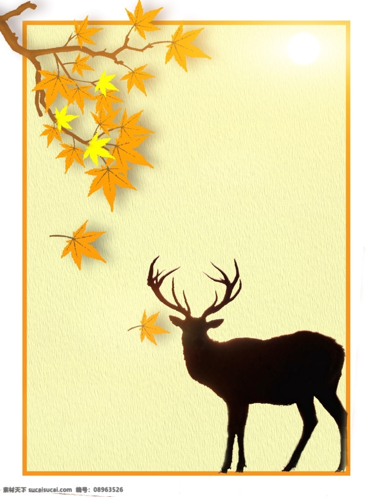 原创 秋季 枫叶 背景 简约 黄色 框架 秋季背景 麋鹿