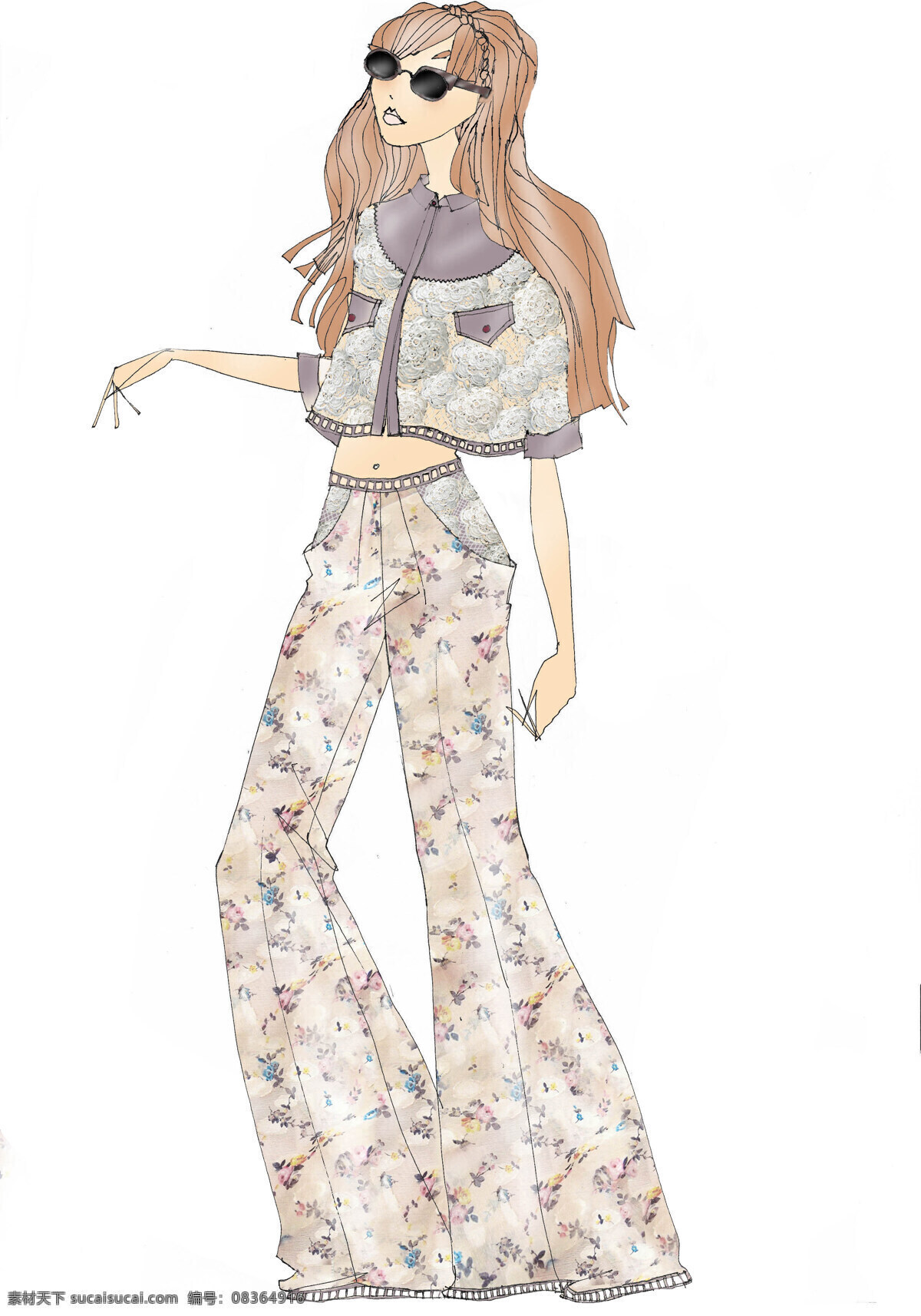 时尚 浅色 短款 上衣 女装 服装 效果图 服装效果图 墨镜