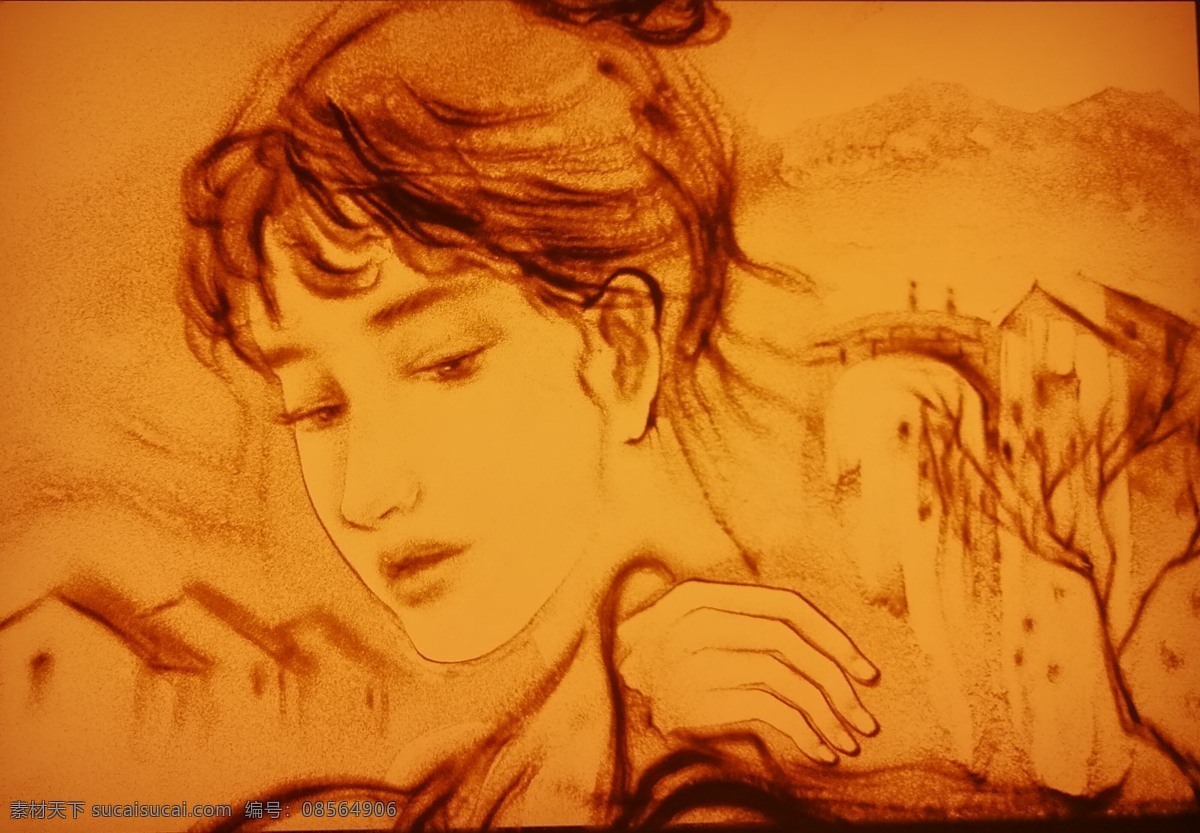 沙画女孩图片 沙画 女孩 江南风景 轻写实沙画 原沙 文化艺术