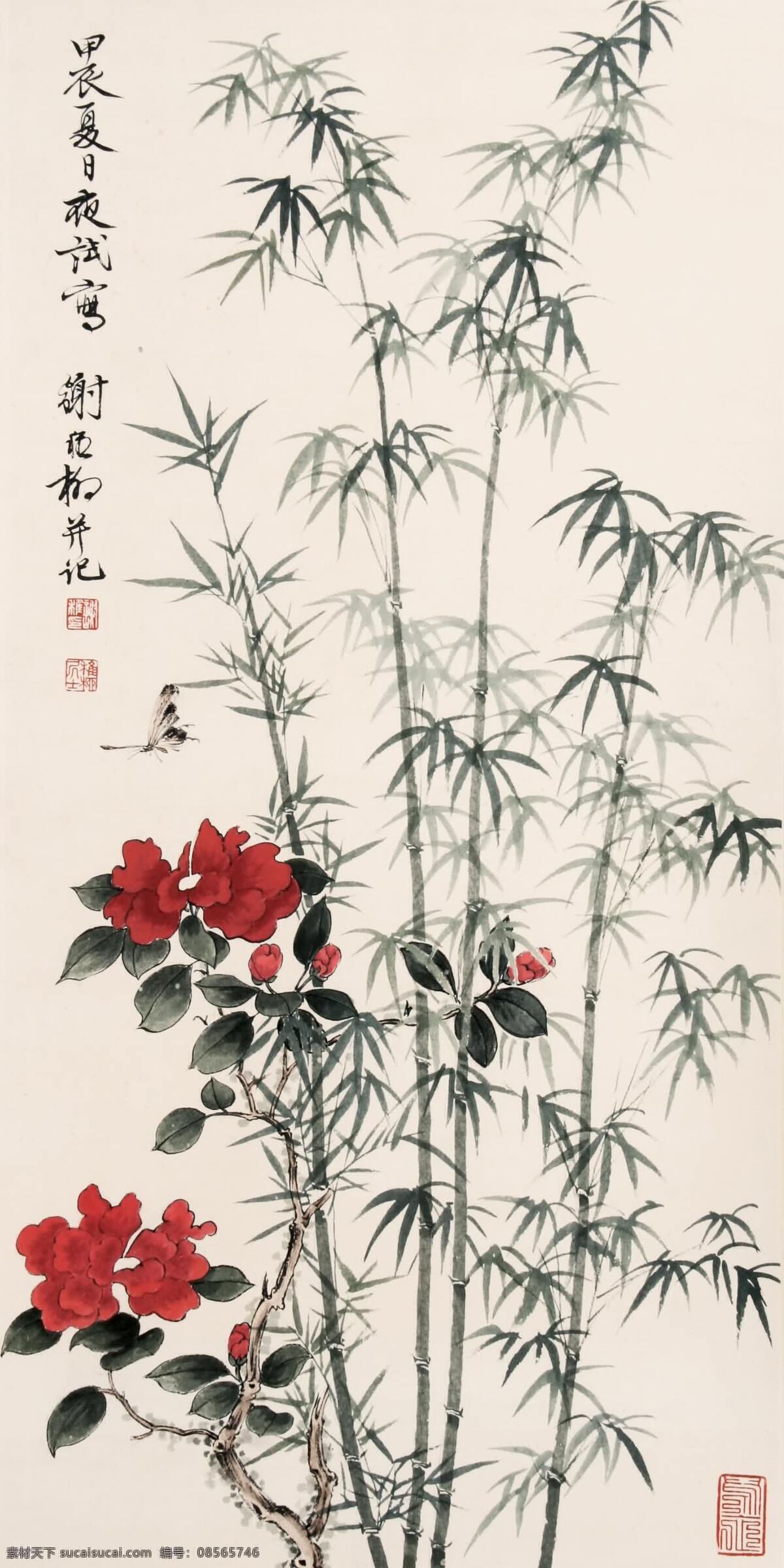 春 正值 花 盛时 茶花 刺绣 翠竹 蝴蝶 室内装饰设计 中国画 立轴 工笔 花卉 草虫 画 谢稚柳作品 工艺美术 平面广告 装饰设计 文化艺术