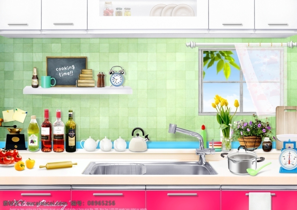 厨房 效果图 分层素材 室内 厨房一角 水龙头 菜板 窗户 广告 海报