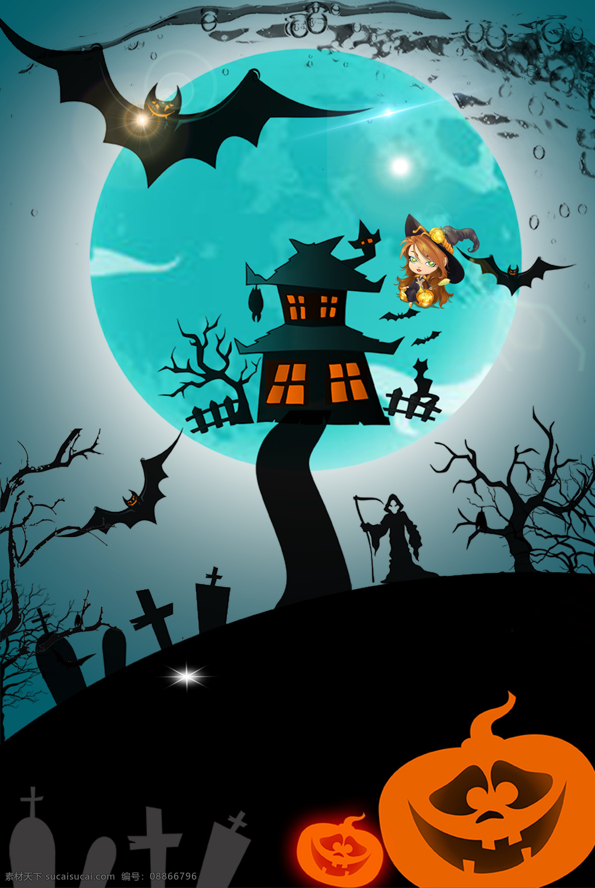 恐怖 万圣节 背景 手绘 卡通 扁平 树枝 城堡 女巫 蝙蝠