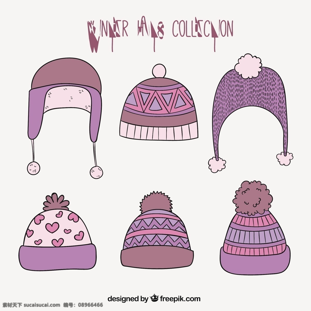 手绘 冬季 帽子 系列 冬天 手 手拉 衣服 紫色 画 冷 羊毛 粗略 收集 配件
