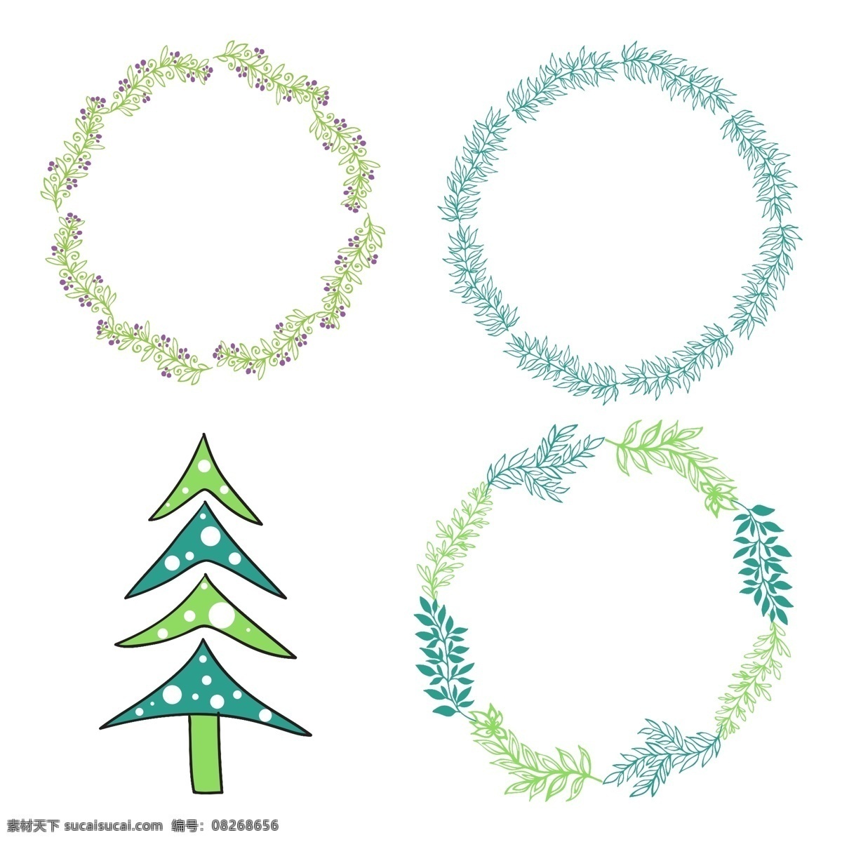 手绘 圣诞节 装饰用品 花环 绿色 圣诞树 树叶 圆环 源文件 装饰图案